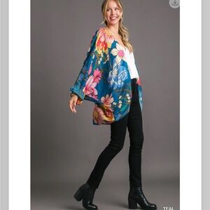 616. Open Front Floral Print Kimono in teal
